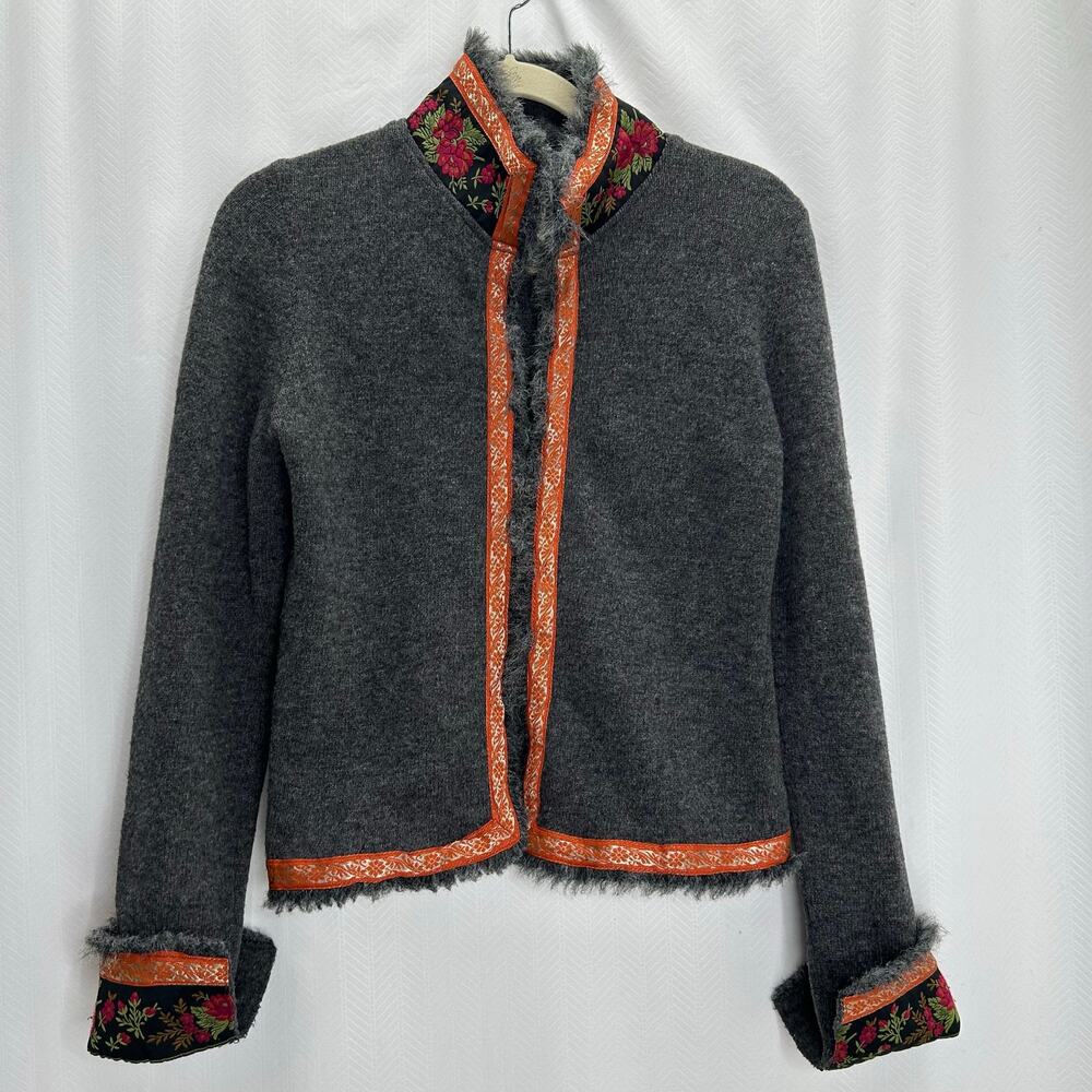 Free People gray cardigan Nordic ribbon trim wool blend